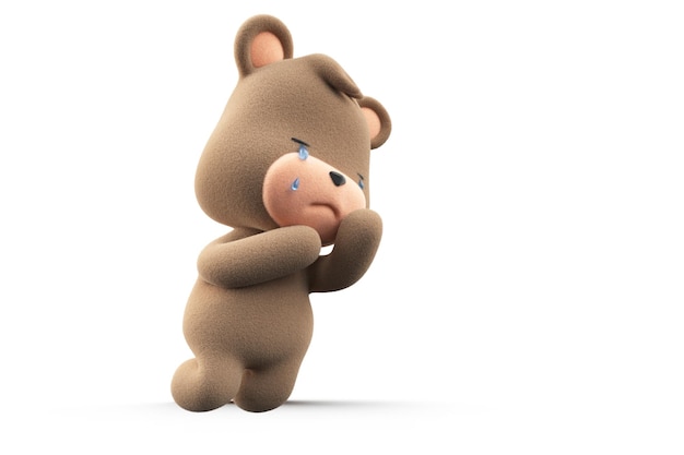 Trauriger und weinender Teddybär Teddybär mit Tränentropfen isoliert auf weißem Hintergrund 3D-Render