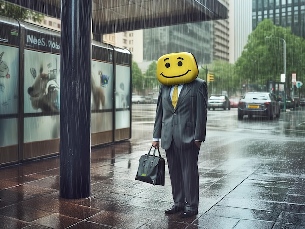 trauriges Arbeiten, ein glückliches Gesicht zeigend, trauriger Regen, keine Freiheit, die der Arbeitgeber durch die KI erzeugt hat