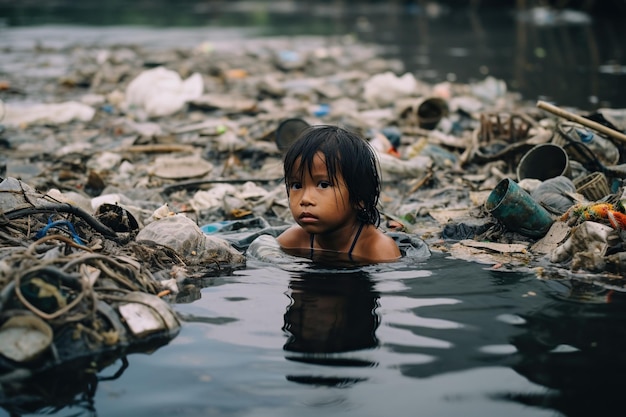 Trauriges asiatisches Kind schwimmt in einem Fluss voller Abfall