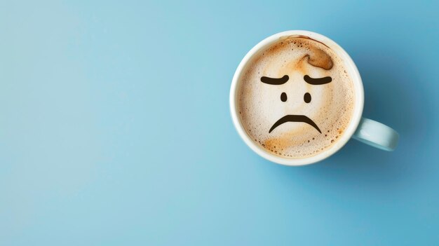 Trauriges Gesicht auf Kaffeemilchschäum, das eine Kaffeetasse schmückt