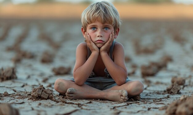 Trauriges Kind mit Dürre Land Naturkatastrophen durch den Klimawandel