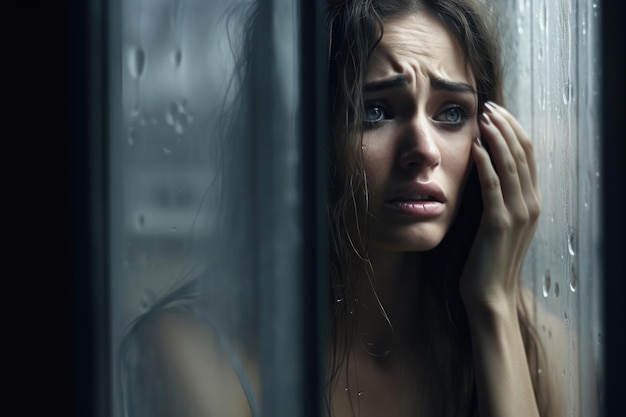 Trauriges Mädchen am Fenster, das über etwas nachdenkt