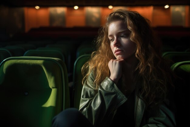 Trauriges Mädchen sitzt auf einem Stuhl im Theater, Foto in hoher Qualität