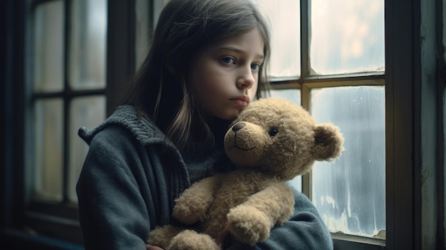 Trauriges Waisenmädchen am Fenster mit einem Teddybären