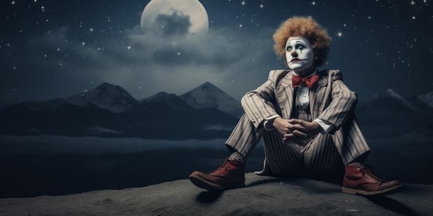 Traurigkeit und Surrealismus Der melancholische Clown auf einem schwebenden Halbmond
