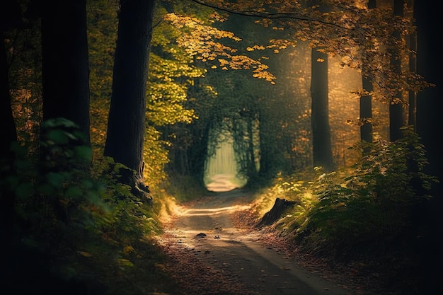 A través de la caída, el sol ilumina un camino en un bosque con árboles y hojas.