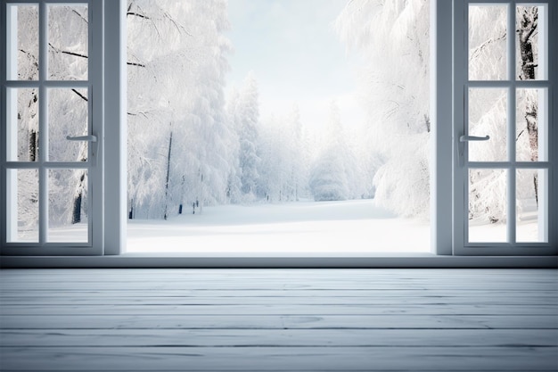 A través de la ventana blanca de madera emerge un paisaje invernal pacífico.