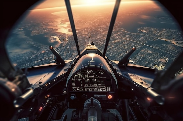 A través de la ventana de la cabina se despliega una vista impresionante mientras el avión de combate atraviesa el cielo La mano del piloto descansa firmemente en la palanca de control IA generativa