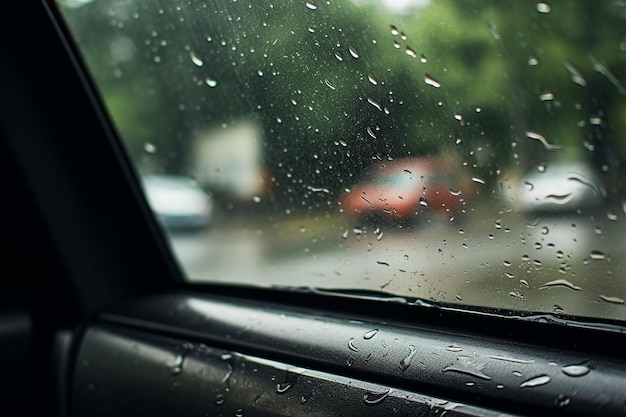 A través del vidrio la lluvia cae en la ventana con un reflejo de las luces de la calle