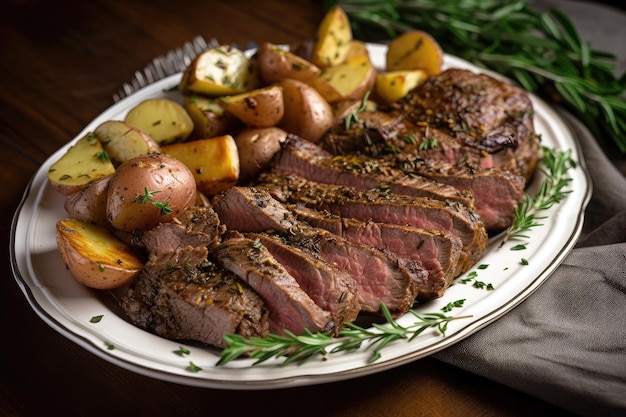 Travessa de bife e batatas assadas com tomilho fresco