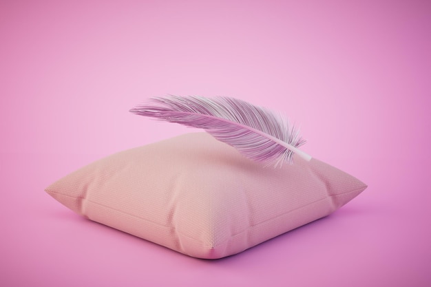 Travesseiro de penas para travesseiro de dormir e penas de cor pastel em uma renderização 3d de fundo rosa