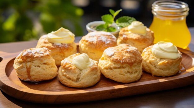 Foto tray mini scones britânicos com creme coagulado