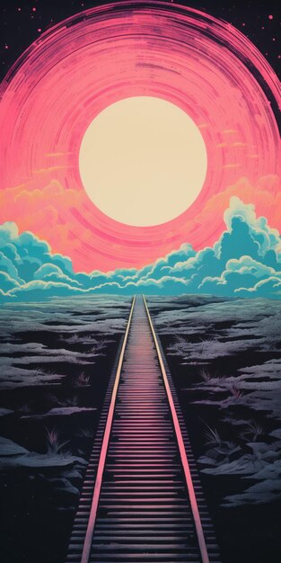 Foto trayecto del tren al atardecer ilustración neopop nítida con diseño de cartel vintage