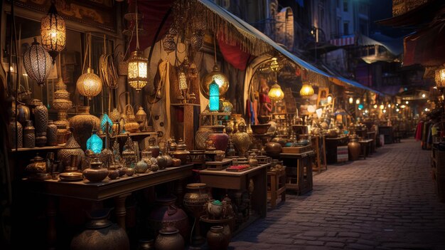 Traz à vida um mercado noturno mágico com barracas místicas oferecendo mercadorias que desafiam as leis da realidade