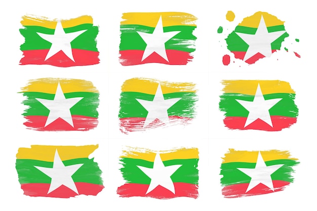 Trazo de pincel de bandera de Myanmar, bandera nacional sobre fondo blanco