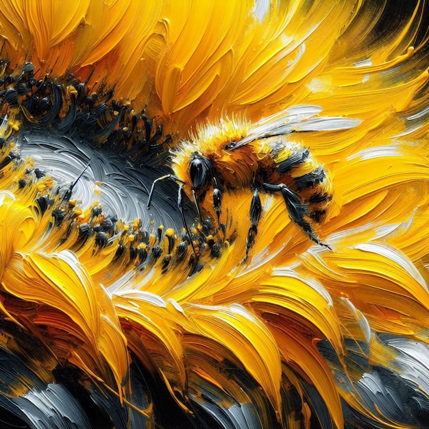 Foto los trazos amarillos y negros crean una representación dinámica de una abeja en un girasol