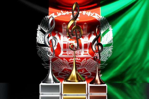 Treble Clef Awards für den Gewinn des Musikpreises vor dem Hintergrund der Nationalflagge Afghanistans 3D-Illustration