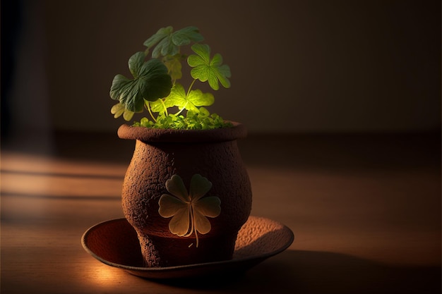 trébol de cuatro hojas plantado en una olla de barro en forma de San Patricio