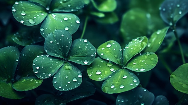 Un trébol de hoja verde con gotas de agua sobre él