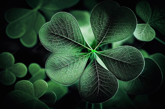 Trébol o hojas de trébol verde ilustración de diseño plano de fondo de patrón aislado sobre fondo verde oscuro. Patrón de elementos decorativos de símbolos de trébol de St Patricks Day.