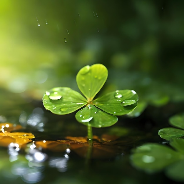 Foto en el trébol verde de cuatro hojas hay gotas de agua en la hoja