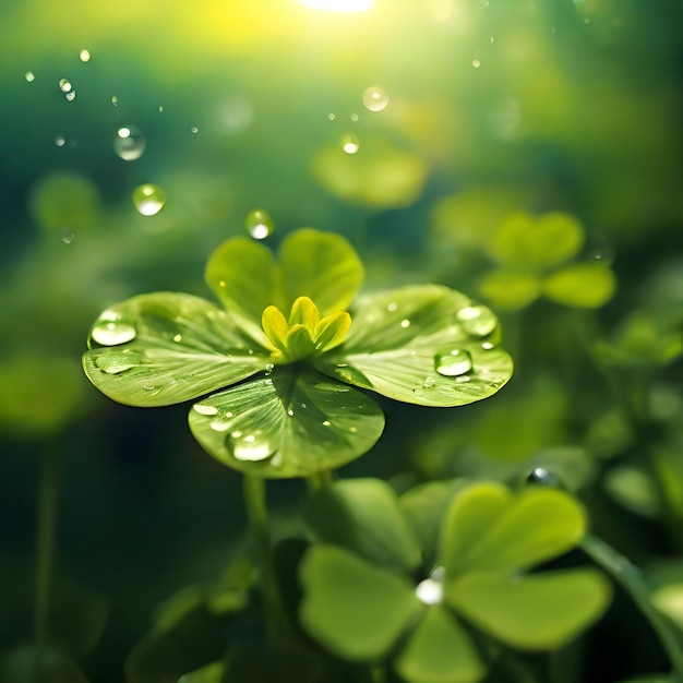 En el trébol verde de cuatro hojas hay gotas de agua en las hojas las hojas son anchas