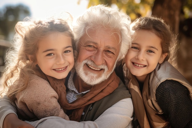 Treffen von Großvater und Enkelkindern Ein älterer Mann und seine Enkelkinder sind glücklich zusammen. Sie umarmen sich und freuen sich über das Kennenlernen. Fürsorge für ältere Menschen. Kinder besuchen alte Menschen