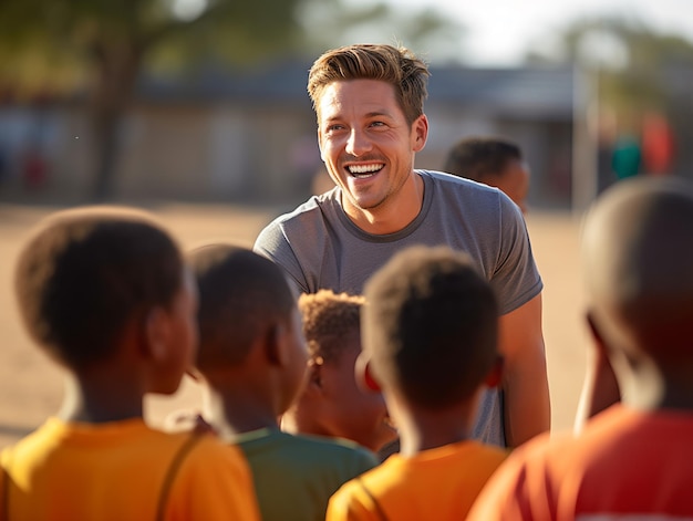 Treinador dando palestra em equipe para time de basquete da escola primária