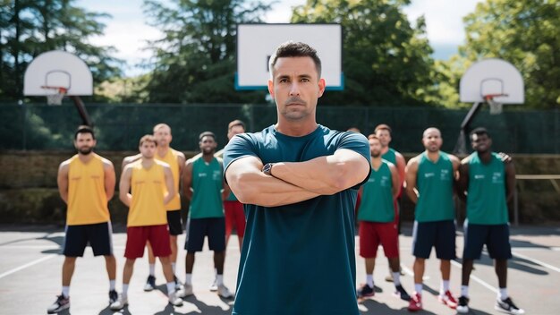 Foto treinador de basquetebol na quadra treinando a equipe para o torneio de jogos e competição fora de trem confiante