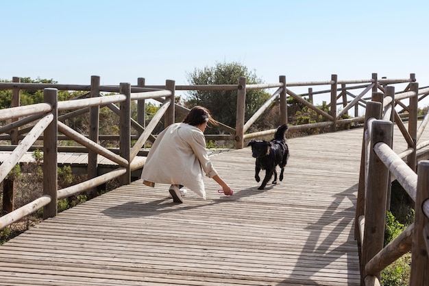 Foto treinador de cães interagindo com seu animal de estimação