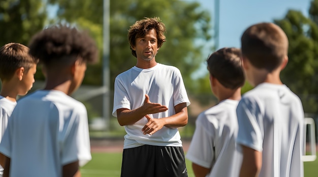 Treinador de futebol juvenil dando instruções aos jogadores durante o treino