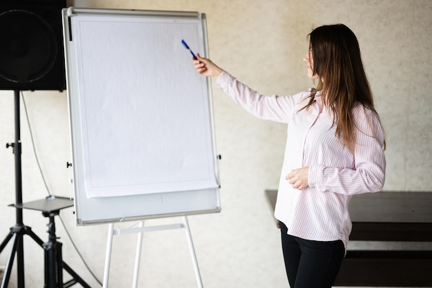 treinador de mulher falante caucasiana mostra no quadro branco preparando ou dando palestra educacional