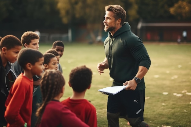 Treinador treinando esportes infantis na escola ia generativa