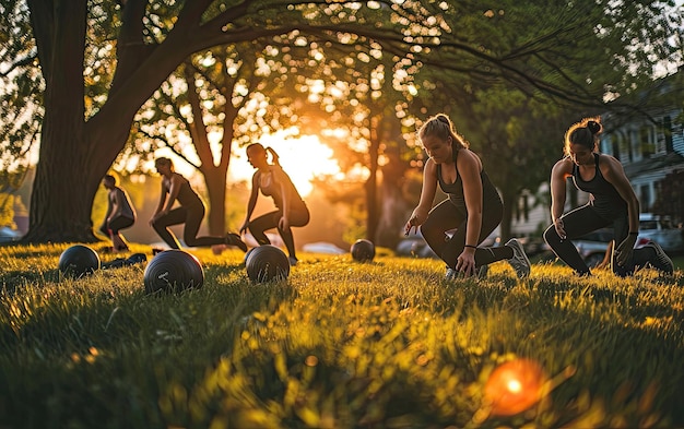 Treinadores pessoais guiando exercícios de fitness ao ar livre