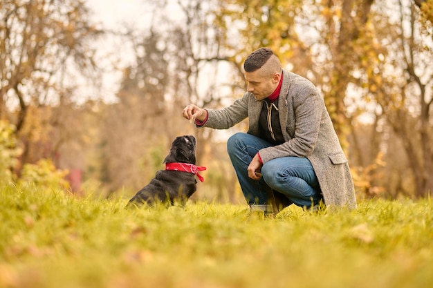 Treinamento canino. Um homem treinando seu cachorro no parque