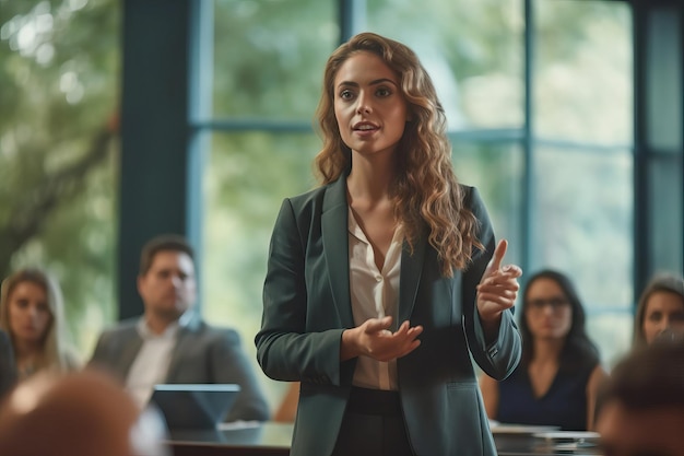 Treinamento de apresentação com uma mulher de negócios conversando com uma platéia durante um workshop