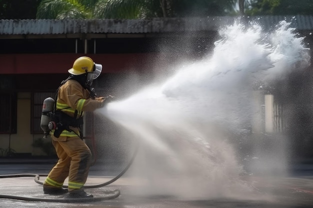 Treinamento de bombeiro em incêndio usando mangueira de incêndio motor de pulverização de espuma de água química grande fundo de incêndio