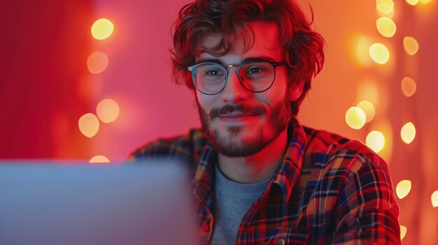Treinamento on-line ou webinar Um cara de óculos está focado na tela de seu laptop trabalhando em um curso on- line ou treinando à noite em ambientes fechados