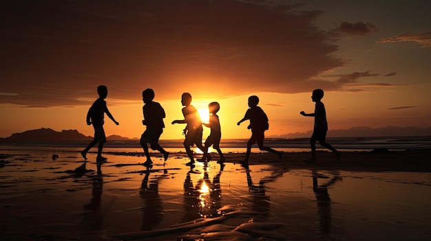 Treinando meninos em equipe na praia ao pôr do sol