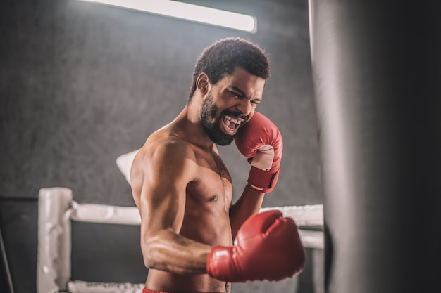 Treino. Kickboxer de pele escura fazendo exercícios em uma academia e parecendo envolvido