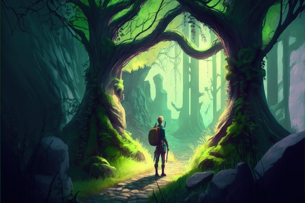 Trekker explorando el místico bosque de montaña Concepto de fantasía Pintura de ilustración IA generativa