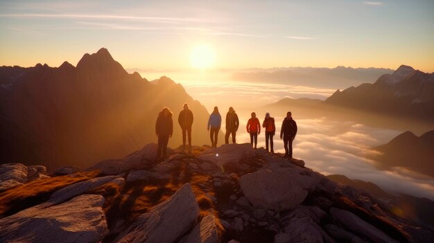 Trekkers olhando para o topo de uma montanha ao pôr do sol Viagem de vida ativa caminhadas no inverno conceito de natureza