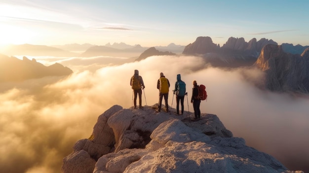 Trekkers olhando para o topo de uma montanha ao pôr do sol Viagem de vida ativa caminhadas no inverno conceito de natureza