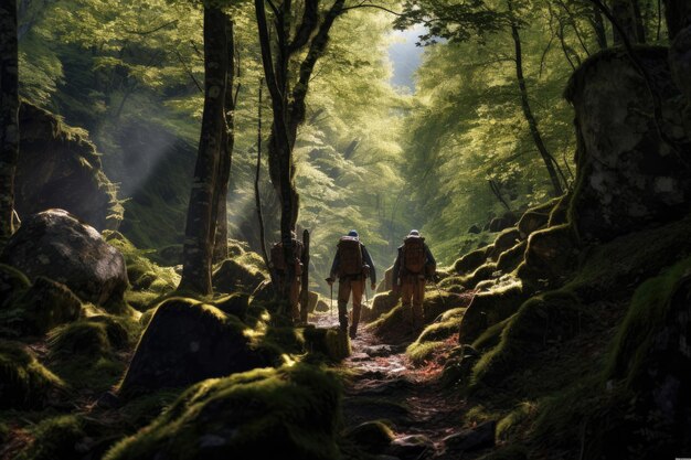 Trekking por el bosque con mochilas Terreno rocoso