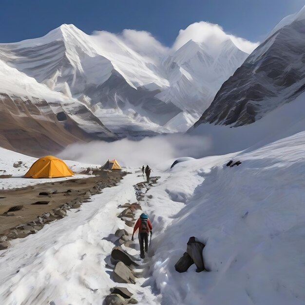 Trekking e momento emocionante no acampamento base de North Annapurna, no Nepal.