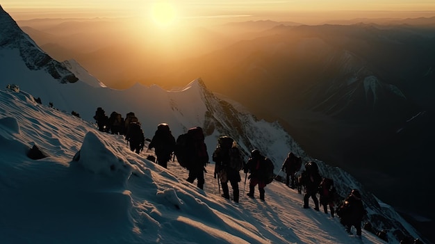 trekking em grupo pela montanha nevada