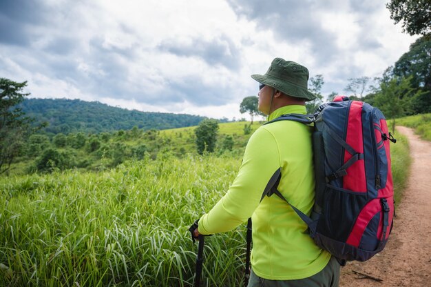 Trekking para mochileros para estudiar la naturaleza del bosque tropical para el ecoturismo. Trekking turístico para ver la belleza del bosque tropical en el Parque Nacional Khao Yai. Área del Patrimonio Mundial de la UNESCO, Tailandia invisible.