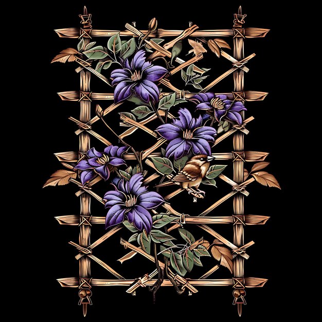 Foto trellis escalonado hecho de madera de secuoya adornado con clematis y s collage contorno de arte concepto de diseño cnc