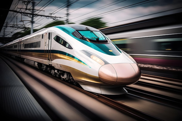 Foto trem-bala mais rápido em movimento nos trilhos trem-bala japonês chegando à estação de trem