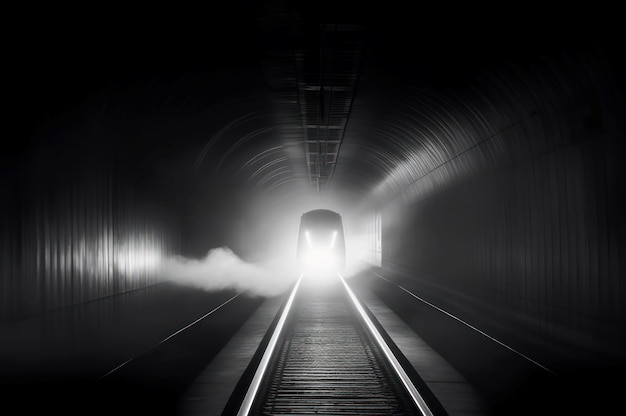 Trem com luzes em túnel elegante Foto em preto e branco de ferrovias modernas de alta velocidade Gerar ai